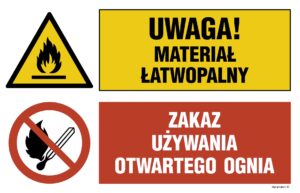 OI037 Uwaga! materiał łatwopalny, Zakaz używania otwartego ognia