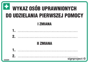 DD009 Zmianowy wykaz osób uprawnionych do udzielania pierwszej pomocy