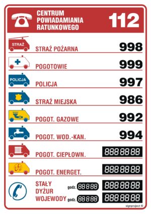 DA002 Tabliczka telefonów alarmowych