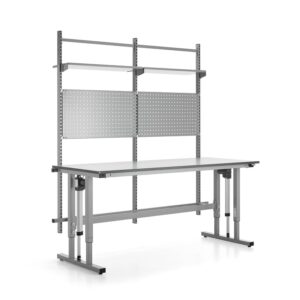 Stół roboczy z regulacją wysokości MOTION, 400 kg, 2000x800 mm, panel narzędziowy + półki