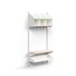 Moduł szatniowy ENTRY, moduł podstawowy, ścienny, półki na buty, ławka, 3 schowki, 1800x900x300 mm,