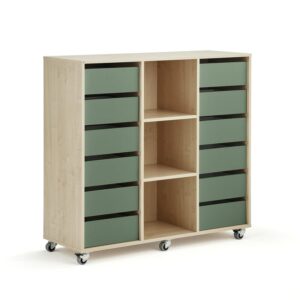 Regał szkolny CASPER, 12 szuflad, 3 przegrody, brzoza, ciemnozielony