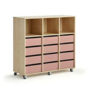 Regał szkolny CASPER, 12 szuflad, 3 górne przegrody, brzoza, ciemnoróżowy