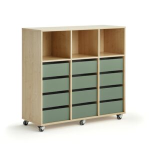 Regał szkolny CASPER, 12 szuflad, 3 górne przegrody, brzoza, ciemnozielony