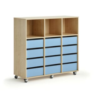 Regał szkolny CASPER, 12 szuflad, 3 górne przegrody, brzoza, błękitny