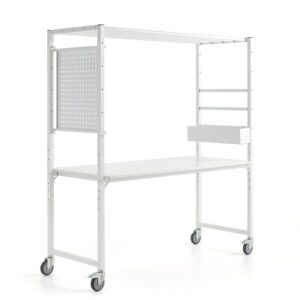 Mobilny stół wielofunkcyjny TEAMWORK, pojemnik na akcesoria, panel narzędziowy, biały