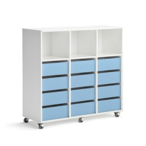 Regał szkolny CASPER, 12 szuflad, 3 górne przegrody, biały, błękitny