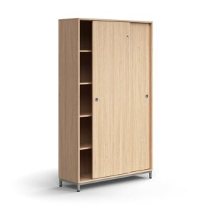 Zamykana szafa przesuwna QBUS, 4 półki, nóżki, uchwyty, 2020x1200x400 mm, srebrny, dąb