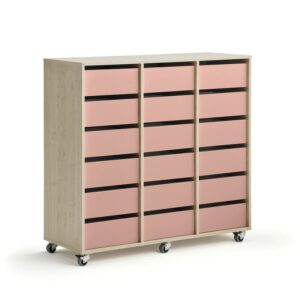 Regał szkolny CASPER, 18 szuflad, brzoza, ciemnoróżowy