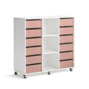 Regał szkolny CASPER, 12 szuflad, 3 przegrody, biały, ciemnoróżowy
