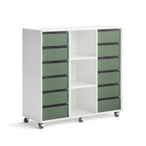 Regał szkolny CASPER, 12 szuflad, 3 przegrody, biały, ciemnozielony
