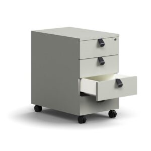 Mobilny kontenerek QBUS, 4 szuflady z uchwytami, zamykany, jasnoszary
