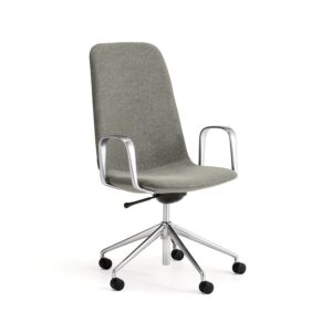 Krzesło LANGLEY, średnie siedzisko, koła, podłokietniki, szczotkowane aluminium/zielonoszary