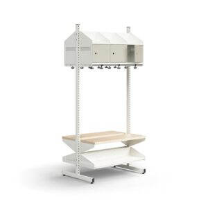 Moduł szatniowy ENTRY, moduł podstawowy, półka na buty, ławka, 6 metalowych drzwi, 1800x900x600 mm,