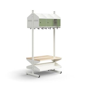 Moduł szatniowy ENTRY, moduł podstawowy, półka na buty, ławka, 6 metalowych drzwi, 1800x900x600 mm,