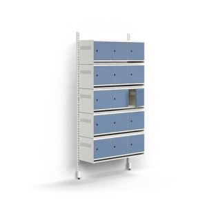 Szafka na buty ENTRY, moduł podstawowy, naścienna, 15 metalowych drzwi, 1800x900x300 mm, biały/niebi