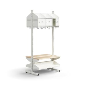 Moduł szatniowy ENTRY, moduł podstawowy, półki na buty, ławka, 6 metalowych drzwi, możliwość znakowa