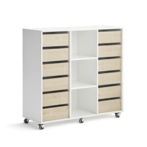 Regał szkolny CASPER, 12 szuflad, 3 przegrody, biały, brzoza