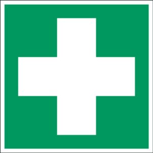 Oznaczenie: pierwsza pomoc, samoprzylepny poliester, 100x100 mm