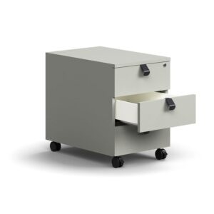 Mobilny kontenerek QBUS, 3 szuflady z uchwytami, zamykany, jasnoszary