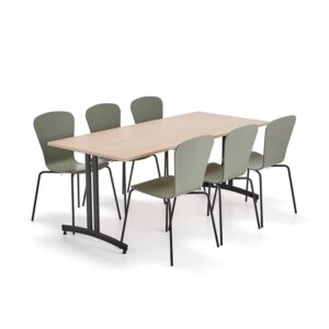 Zestaw mebli SANNA+MILLA, 1 stół i 6 krzeseł, czarny/oliwkowy