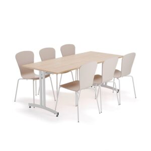 Zestaw mebli SANNA+MILLA, 1 stół i 6 krzeseł, biały/piaskowy