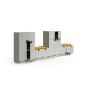 Rozwiązanie do przechowywania QBUS, 2 szafy + 2 siedziska, cokół, uchwyty, 1252x3200x420 mm, jasnosz