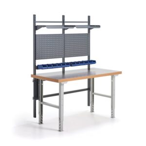 Stół warsztatowy z wyposażeniem SOLID, panele narzędziowe z pojemnikami + półki, 1500x800 mm, winyl