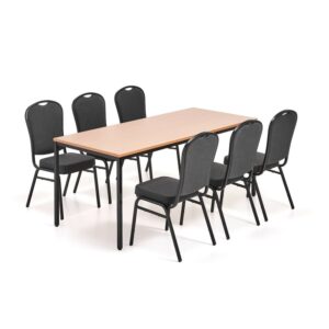 Zestaw mebli do restauracji JAMIE + HARTFORD, 1 stół 1800x800 mm, buk + 6 krzeseł, czarna tkanina