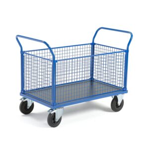 Wózek platformowy TRANSFER, 4 burty z siatki, 1200x800 mm, gumowe koła, z hamulcami