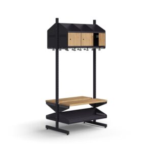 Moduł szatniowy ENTRY, moduł podstawowy, półka na buty, ławka, 6 drewnianych drzwi, 1800x900x600 mm,