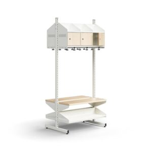 Moduł szatniowy ENTRY, moduł podstawowy, półka na buty, ławka, 6 drewnianych drzwi, 1800x900x600 mm,