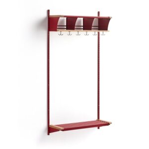 Wieszak ubraniowy JEPPE, 3 przegrody, moduł podstawowy, 1790x900x310 mm, czerwony/dąb