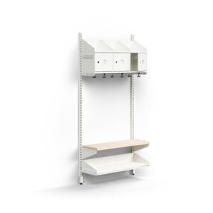 Moduł szatniowy ENTRY, moduł podstawowy, półki na buty, ławka, 3 metalowe drzwi, przygotowane do zna