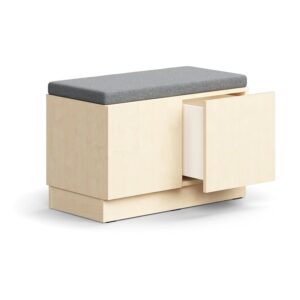 Siedzisko ze schowkami QBUS, cokół, otwieranie push-open, 534x800x420 mm, brzoza, szara poduszka