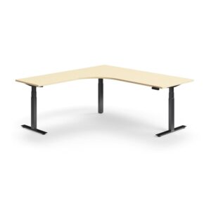 Biurko z regulacją wysokości QBUS, kształt L, 2000x2000 mm, czarna rama, brzoza