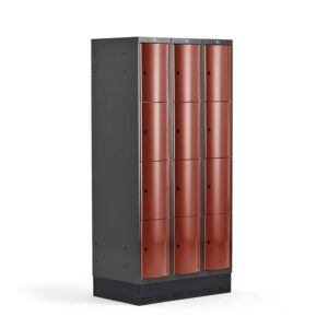 Metalowa szafa ubraniowa CURVE, na cokole, 3x4 drzwi, 1890x900x550 mm, czerwony