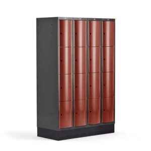Metalowa szafa ubraniowa CURVE, na cokole, 4x4 drzwi, 1890x1200x550 mm, czerwony