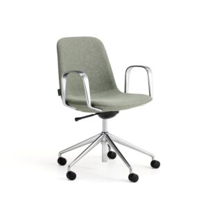 Krzesło LANGLEY, niskie siedzisko, koła, podłokietniki, szczotkowane aluminium/zielonoszary