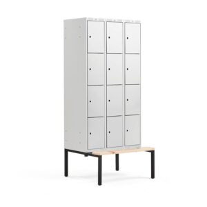 Szafa schowkowa CLASSIC, 4 schowki w pionie, z ławeczką, 3 moduły, 2120x900x550 mm, szary