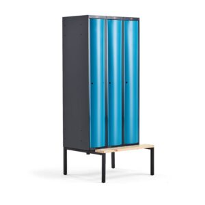 Metalowa szafa ubraniowa CURVE, z ławeczką, 3x1 drzwi, 2120x900x550 mm, niebieski