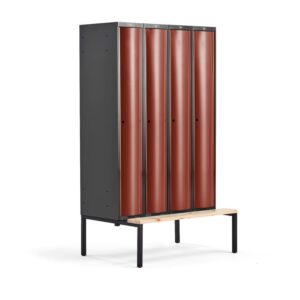 Metalowa szafa ubraniowa CURVE, z ławeczką, 4x1 drzwi, 2120x1200x550 mm, czerwony