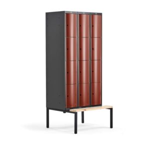 Metalowa szafa ubraniowa CURVE, z ławeczką, 3x4 drzwi, 2120x900x550 mm, czerwony