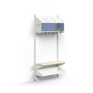 Moduł szatniowy ENTRY, moduł podstawowy, ścienny, półka na buty, ławka, 3 metalowe drzwi, 1800x900x3