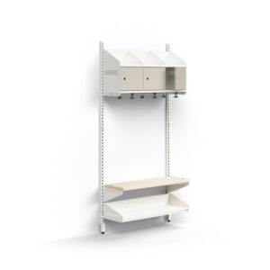 Moduł szatniowy ENTRY, moduł podstawowy, ścienny, półka na buty, ławka, 3 metalowe drzwi, 1800x900x3