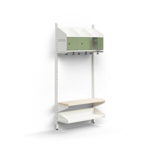 Moduł szatniowy ENTRY, moduł podstawowy, ścienny, półka na buty, ławka, 3 metalowe drzwi, 1800x900x3