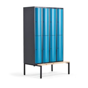 Metalowa szafa ubraniowa CURVE, z ławeczką, 4x2 drzwi, 2120x1200x550 mm, niebieski
