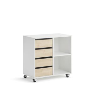 Regał szkolny CASPER, 4 szuflady, 2 przegrody, biały, brzoza