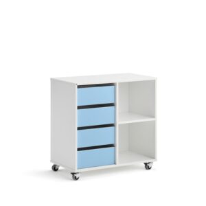 Regał szkolny CASPER, 4 szuflady, 2 przegrody, biały, błękitny