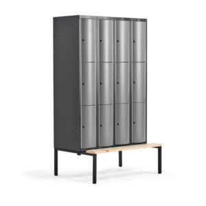 Metalowa szafa ubraniowa CURVE, z ławeczką, 4x3 drzwi, 2120x1200x550 mm, szary